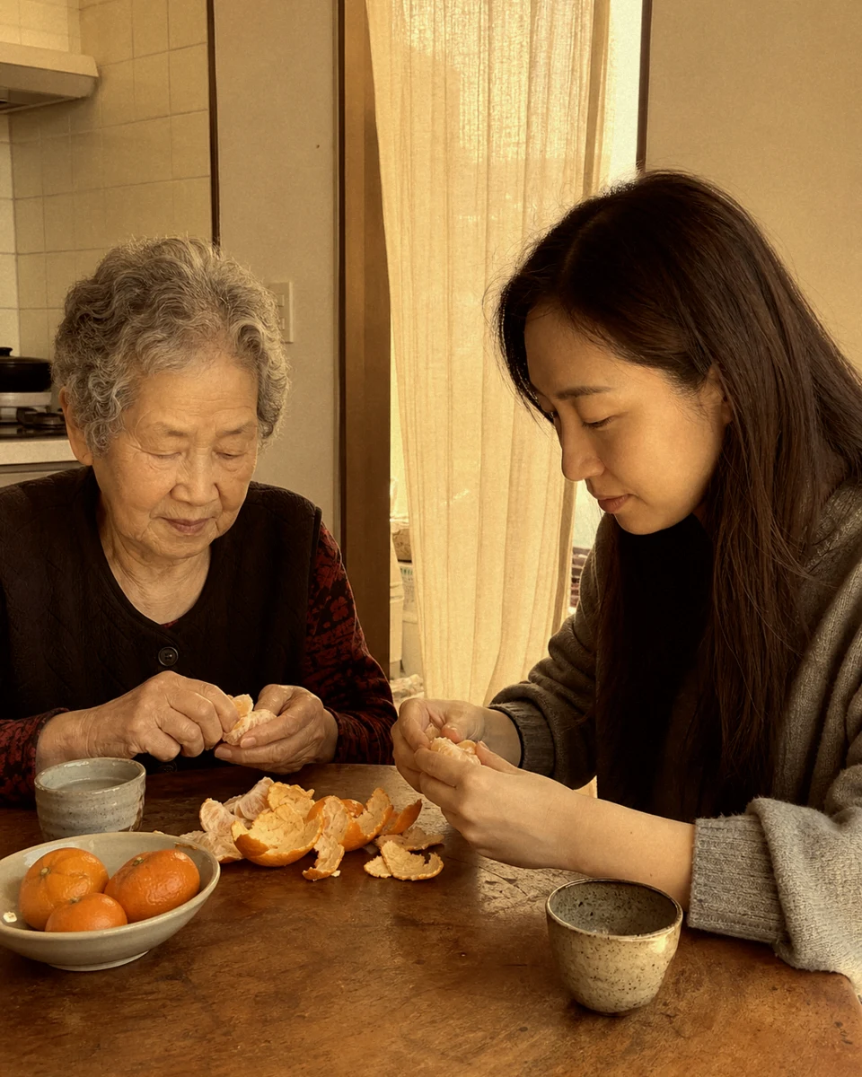C92로 찍은, 창가 식탁에서 귤을 까는 두 사람