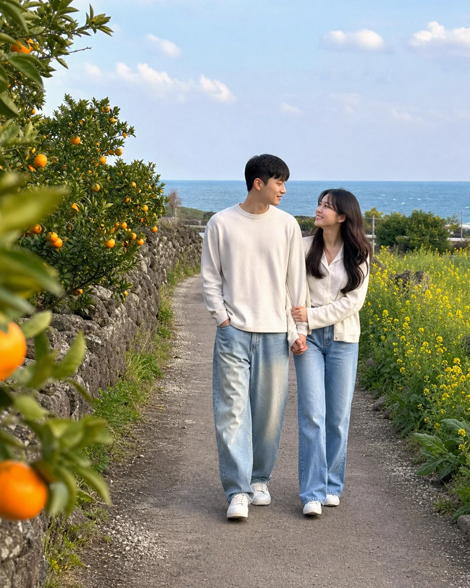 제주로 찍은, 귤밭 사이를 걷는 두 사람