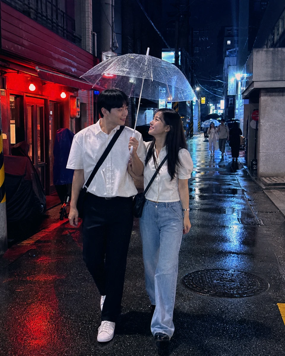 800T로 찍은, 비 내린 밤 골목을 걷는 두 사람