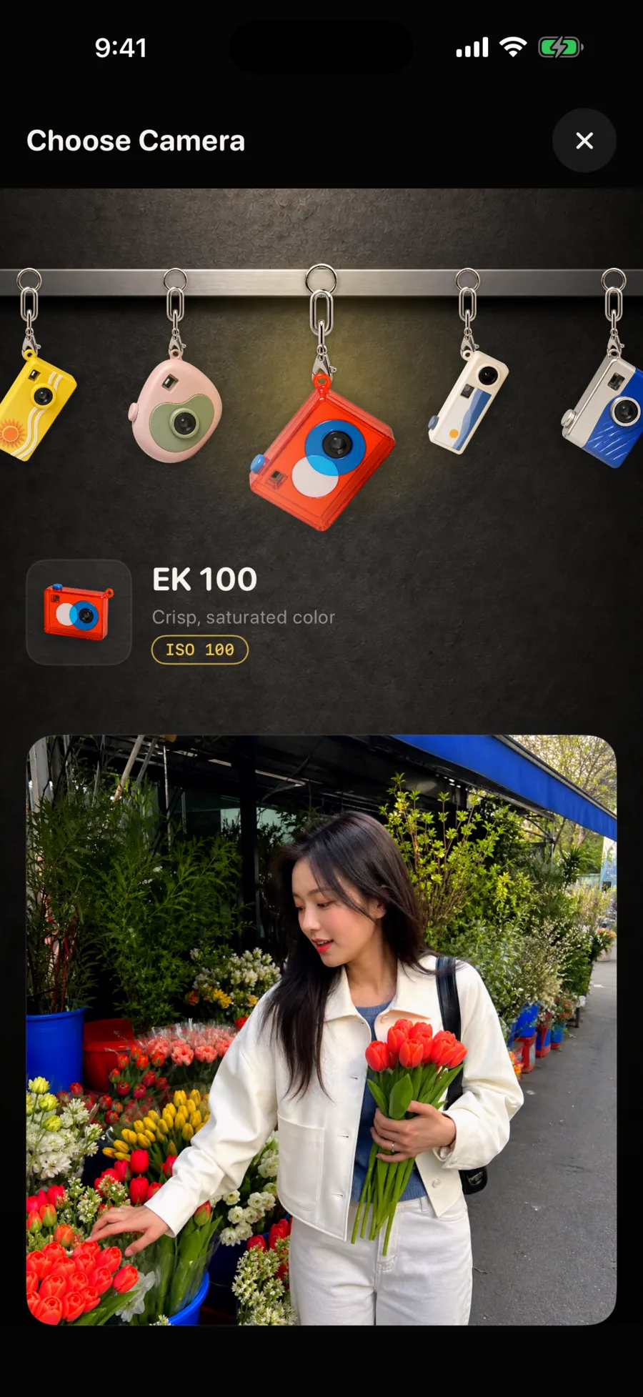 Mayica’s camera picker: keyring cameras hanging on a wall with EK 100 selected.